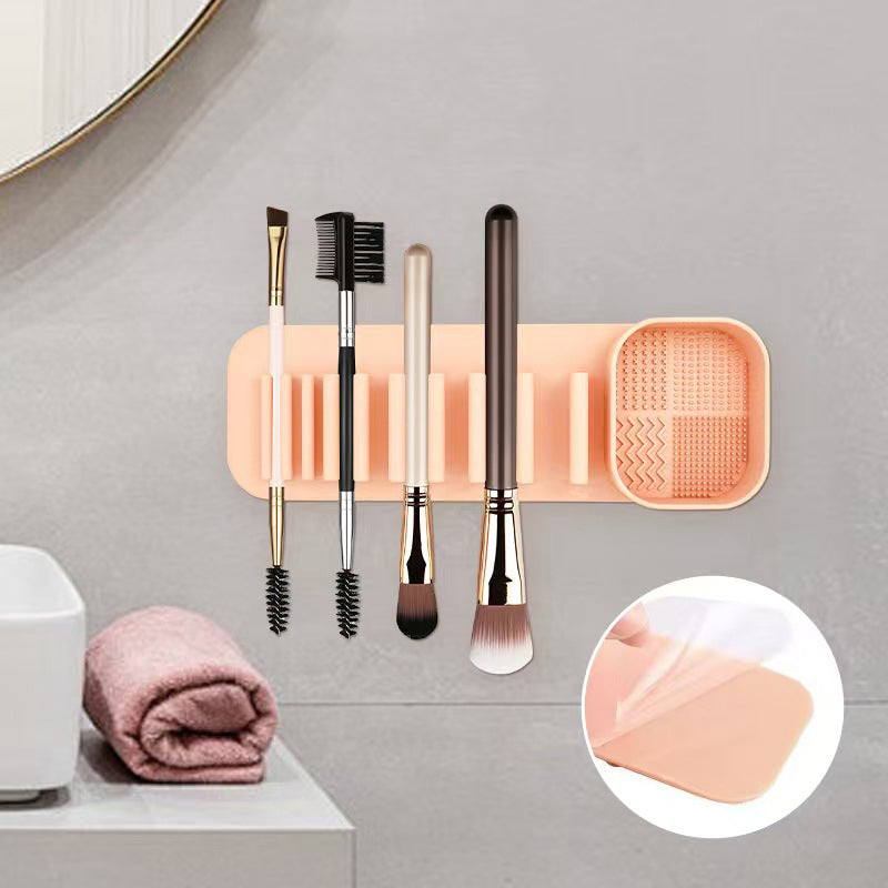3 Pcs Pink Silicone Makeup Brush Organizer and Cleaning Rack - Wall-Mounted Holder with Brush Cleaning Texture