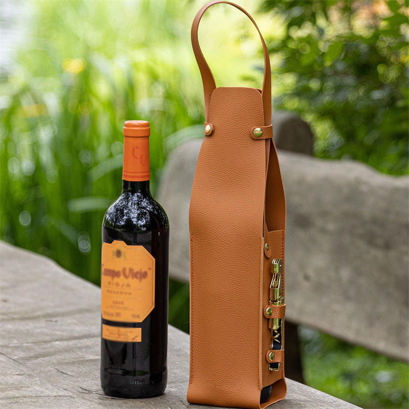 Black Leather-Look Single Wine Bottle Carrier Bag with Handle and Side Pocket for Opener(Red wine and bottle opener are props for shooting and are not included)
