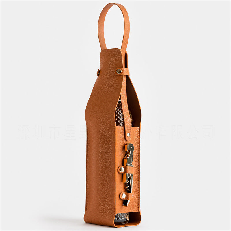 Brown Leather-Look Single Wine Bottle Carrier Bag with Handle and Side Pocket for Opener(Red wine and bottle opener are props for shooting and are not included)