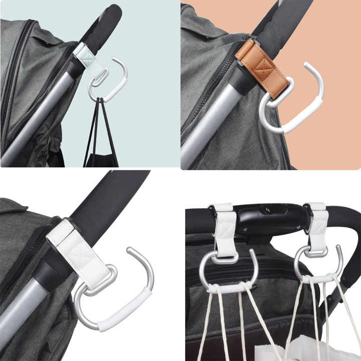 Blue Stroller Hooks 4-Pack - Leather and Alloy Pram Hooks with Velcro for Mom Bags and Accessories