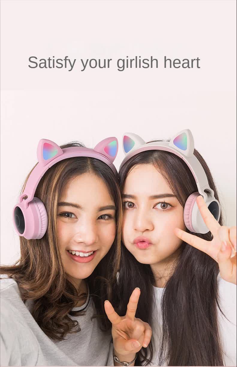 Pink Cat Ear Bluetooth Headphones with LED Lights - Wireless, Foldable