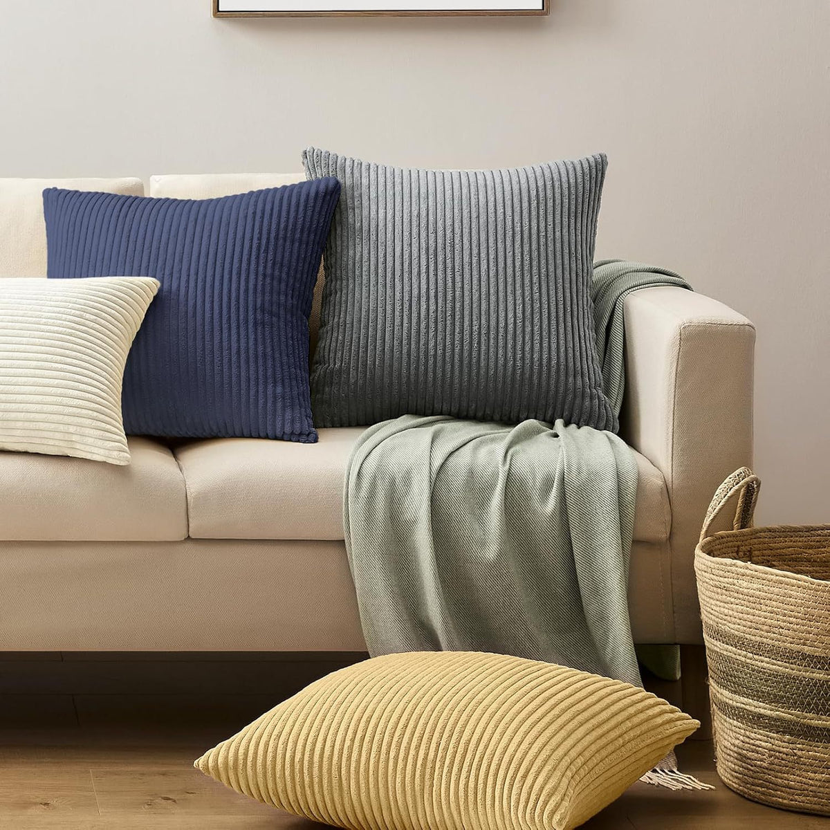 Light Beige Plush Striped Pillow Covers 45x45cm - Set of 4 Corduroy-Style Cushion Covers with Invisible Zipper, Soft and Washable for Sofa Decor