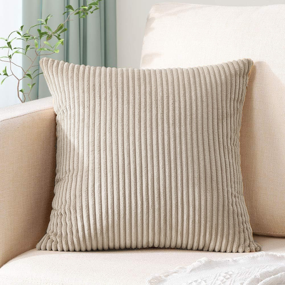 Light Brown Plush Striped Pillow Covers 45x45cm - Set of 4 Corduroy-Style Cushion Covers with Invisible Zipper, Soft and Washable for Sofa Decor