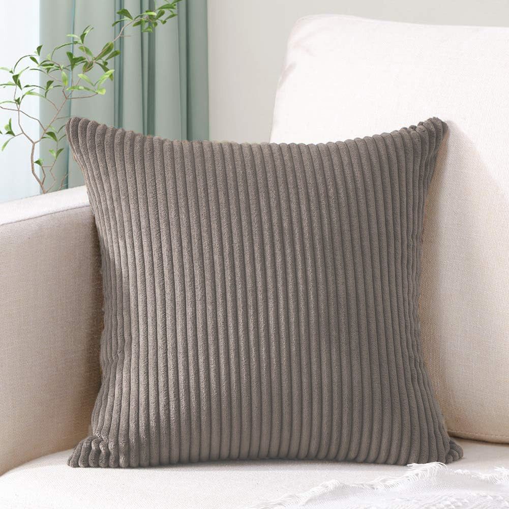 Brown Plush Striped Pillow Covers 45x45cm - Set of 4 Corduroy-Style Cushion Covers with Invisible Zipper, Soft and Washable for Sofa Decor