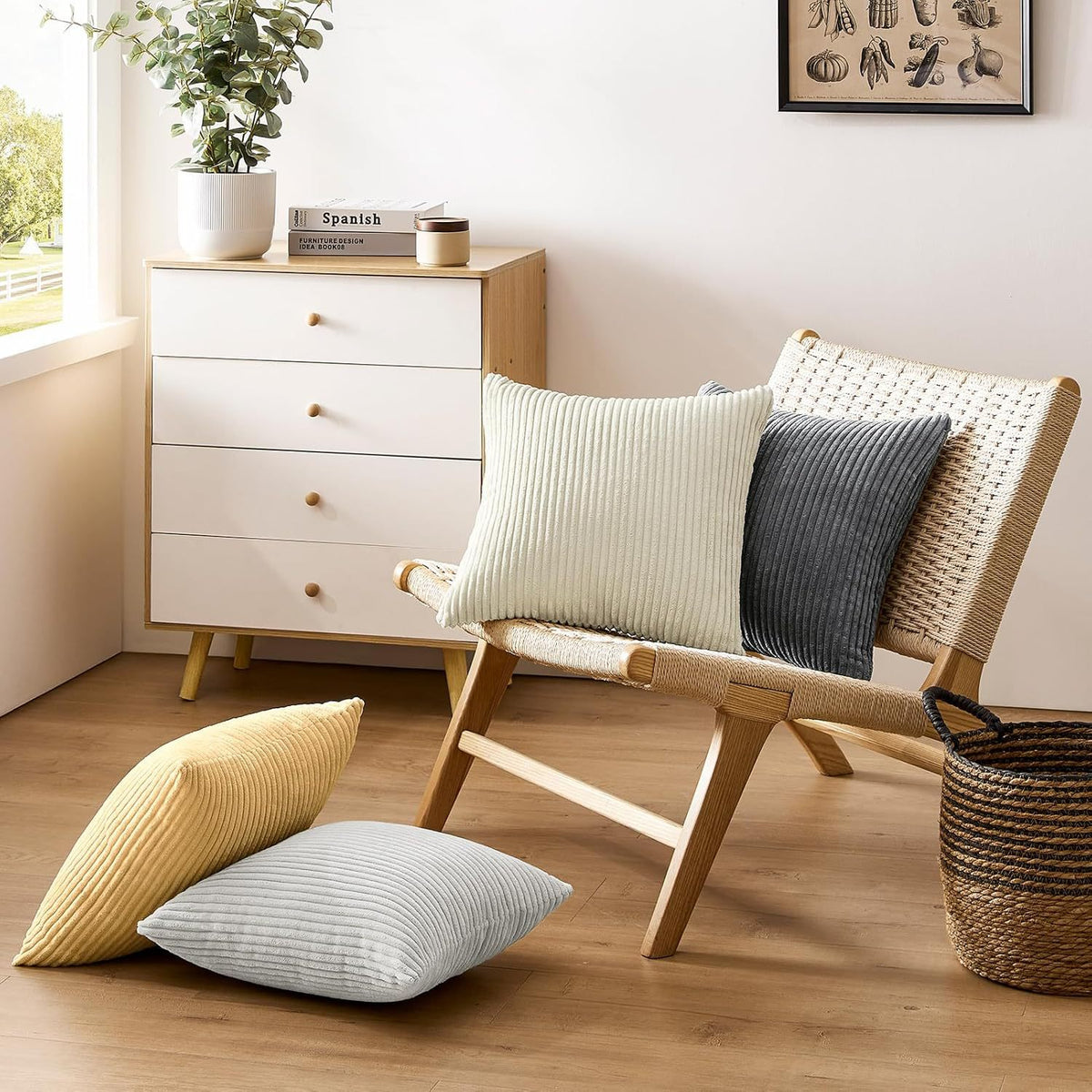 Yellow Plush Striped Pillow Covers 45x45cm - Set of 4 Corduroy-Style Cushion Covers with Invisible Zipper, Soft and Washable for Sofa Decor