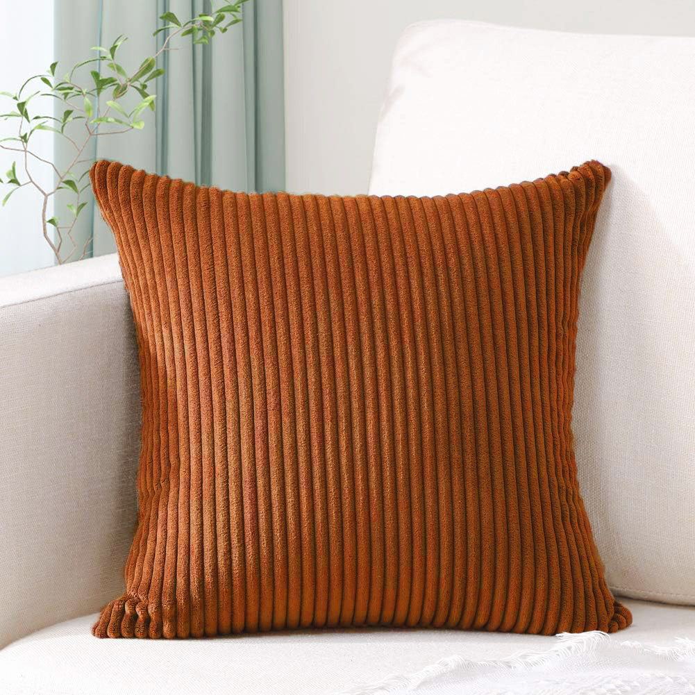 Brick Red Plush Striped Pillow Covers 45x45cm - Set of 4 Corduroy-Style Cushion Covers with Invisible Zipper, Soft and Washable for Sofa Decor