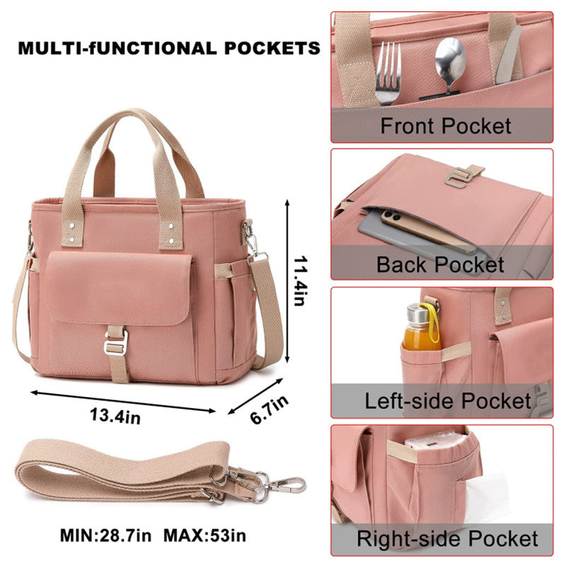 Pink Spacious Insulated Lunch Bag - Wide Open Design, Removable Strap, Side Water Bottle Pockets - Perfect for Work, Picnic & Travel