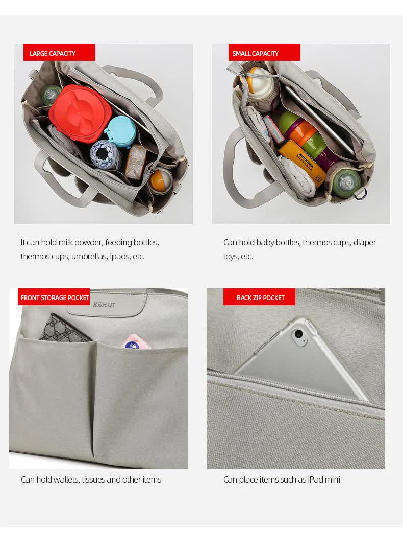 Size Large Grey Stylish Multi-Function Diaper Bag - Insulated Tote with Shoulder Strap for Baby Essentials