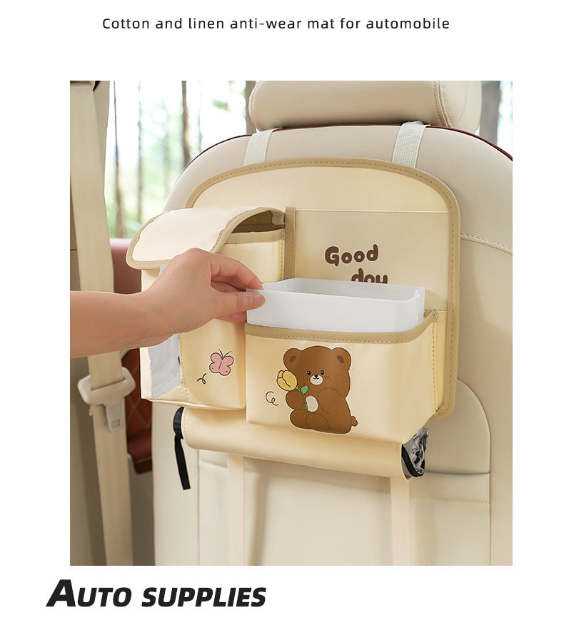 Brown Cute Cartoon Car Backseat Organizer with Multi-Pocket Storage and PP Trash Bin - 400g Lightweight PU Leather