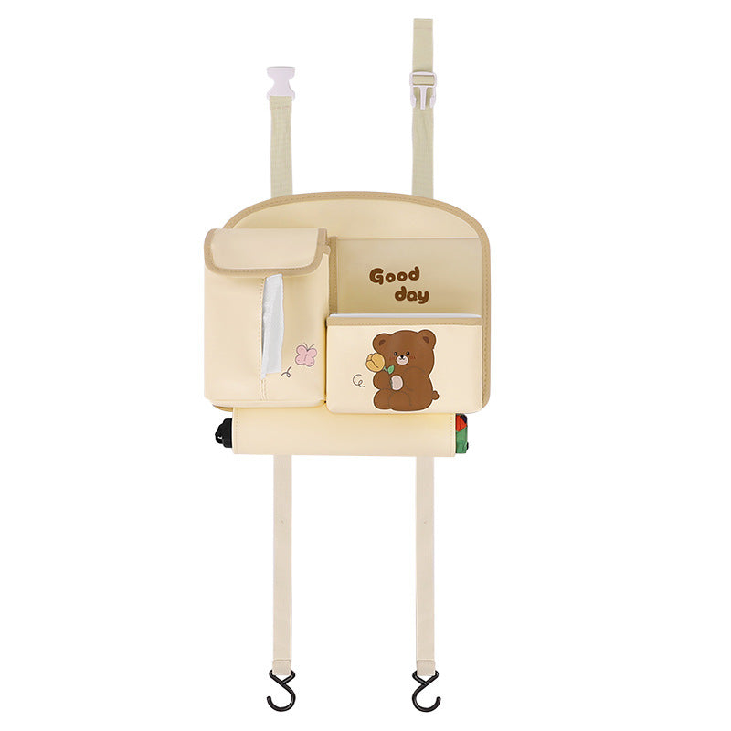 Pink Cute Cartoon Car Backseat Organizer with Multi-Pocket Storage and PP Trash Bin - 400g Lightweight PU Leather