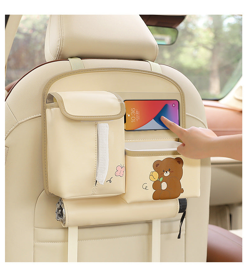 Brown Car Backseat Organizer with Multi-Pocket Storage and PP Trash Bin - 400g Lightweight PU Leather