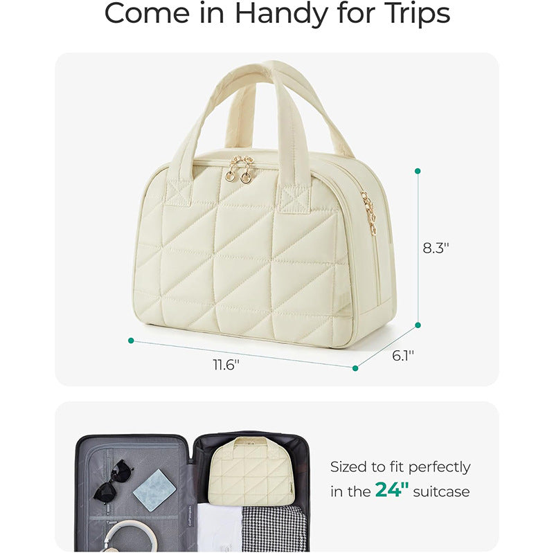 Beige Large Capacity Travel Toiletry Bag with Wide Opening - Puffy Nylon Makeup Organizer with Waterproof PVC Layer