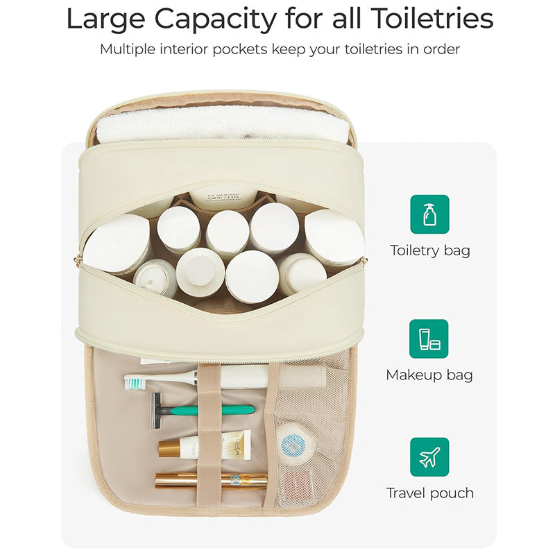 Beige Large Capacity Travel Toiletry Bag with Wide Opening - Puffy Nylon Makeup Organizer with Waterproof PVC Layer