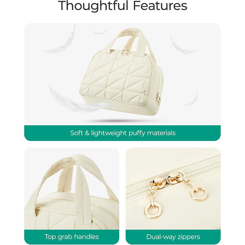 Beige Large Capacity Travel Toiletry Bag with Wide Opening - Puffy Nylon Makeup Organizer with Waterproof PVC Layer