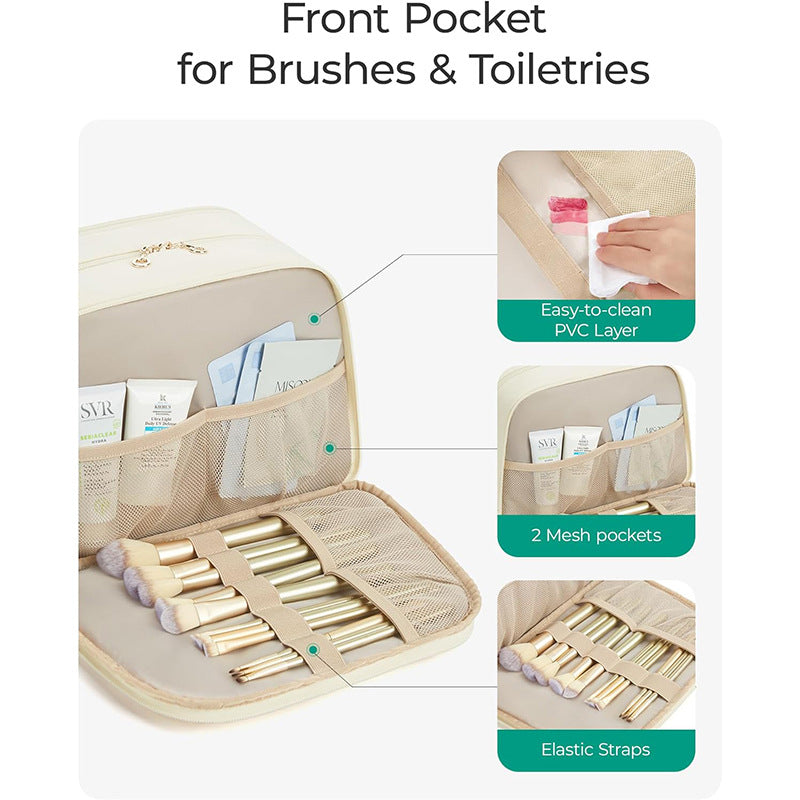 Black Large Capacity Travel Toiletry Bag with Wide Opening - Puffy Nylon Makeup Organizer with Waterproof PVC Layer