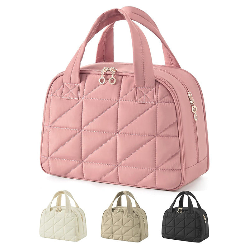 Pink Large Capacity Travel Toiletry Bag with Wide Opening - Puffy Nylon Makeup Organizer with Waterproof PVC Layer