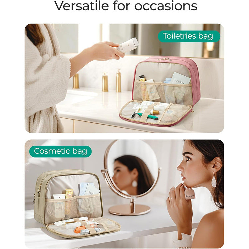 Khaki Large Capacity Travel Toiletry Bag with Wide Opening - Puffy Nylon Makeup Organizer with Waterproof PVC Layer