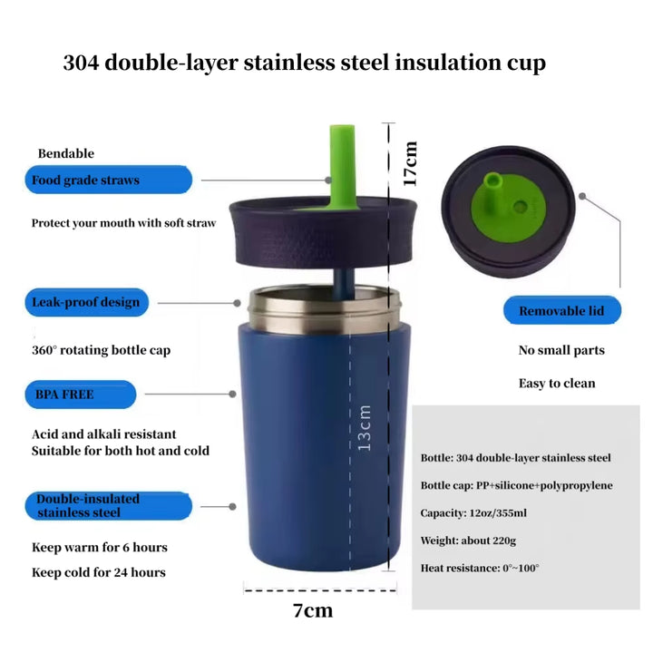 2 Pcs Dark Blue 12oz Insulated Tumbler with Straw - 304 Stainless Steel, BPA-Free, Leak-Proof Coffee Mug for Hot and Cold Drinks