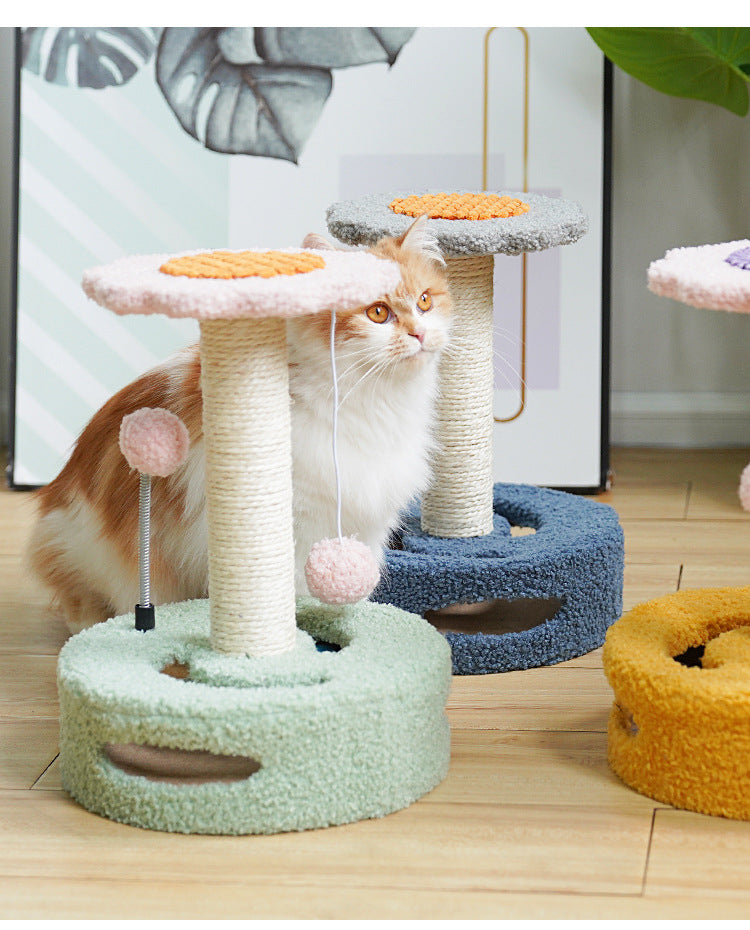 Green And Pink Sunflower Cat Scratching Post - 35cm Sisal Cat Tree with Plush Toys for Small Cats