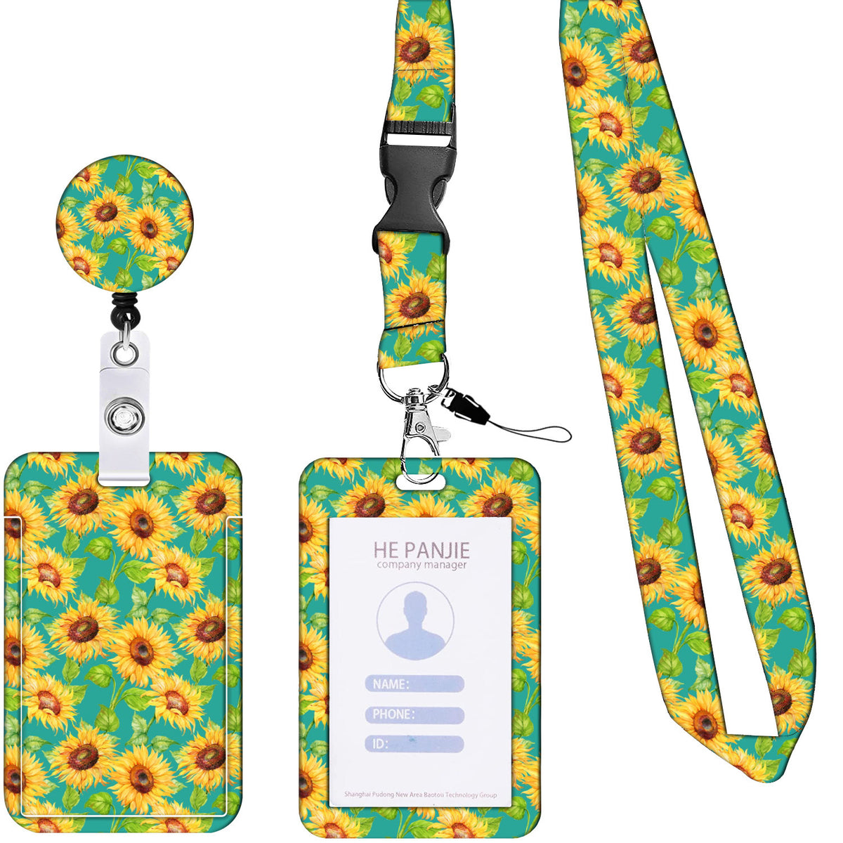 2 Pcs Yellow and Green Sunflower Patterns Retractable Badge Reel &amp; ID Card Holder Set with Lanyard - Durable ABS Plastic