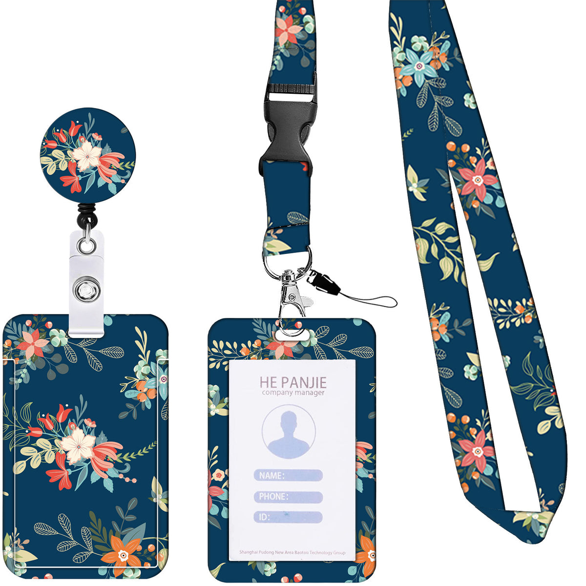 2 Pcs Blue Floral Pattern Retractable Badge Reel &amp; ID Card Holder Set with Lanyard - Durable ABS Plastic