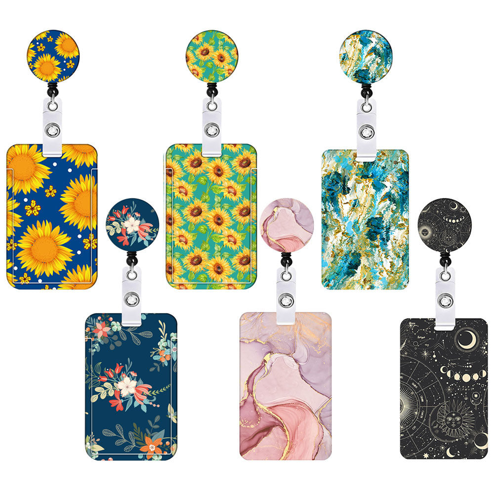 2 Pcs Blue Floral Pattern Retractable Badge Reel & ID Card Holder Set with Lanyard - Durable ABS Plastic