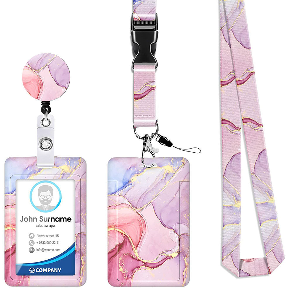 2 Pcs Pink Geometric Patterns Retractable Badge Reel &amp; ID Card Holder Set with Lanyard - Durable ABS Plastic
