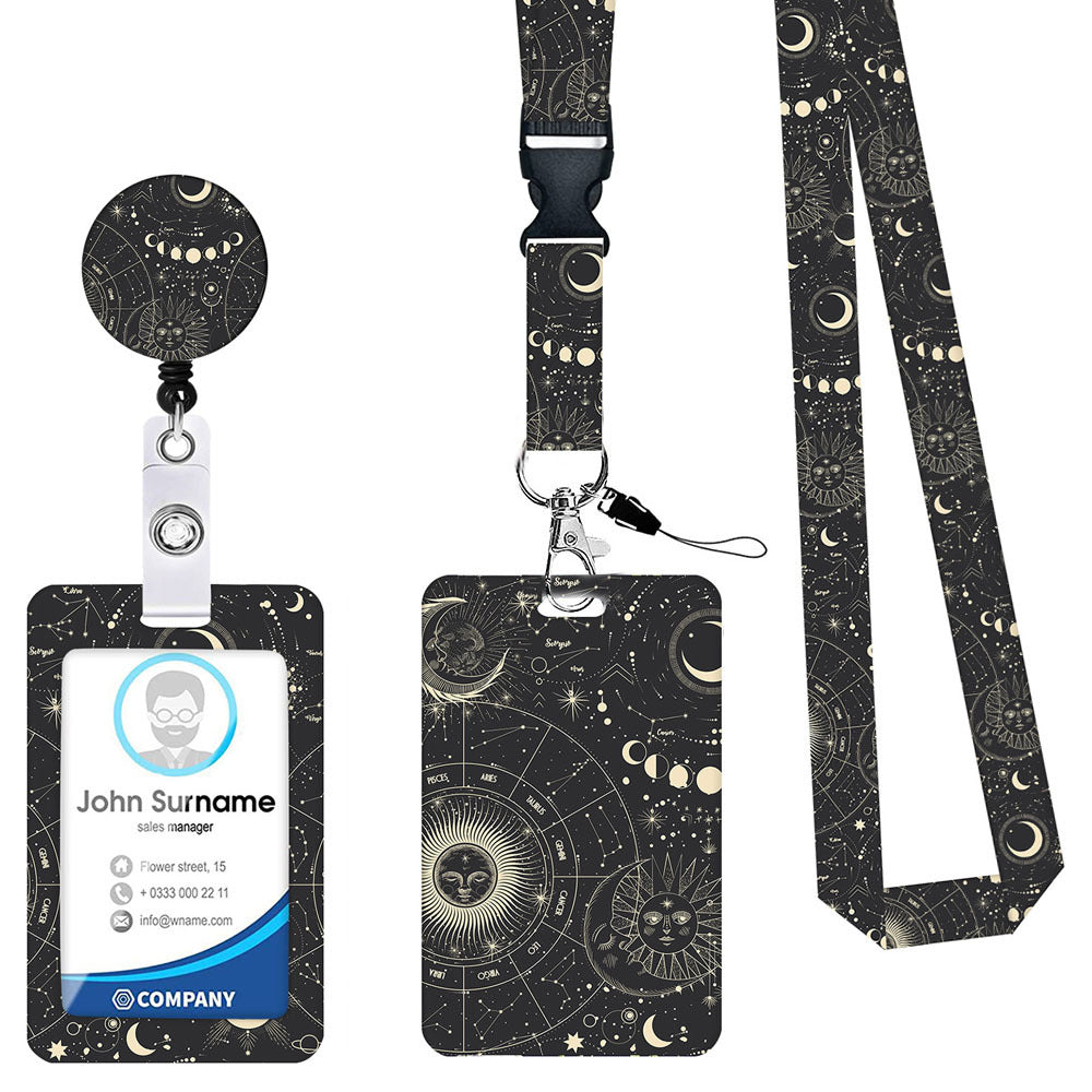2 Pcs Black Star and Moon Pattern Retractable Badge Reel &amp; ID Card Holder Set with Lanyard - Durable ABS Plastic