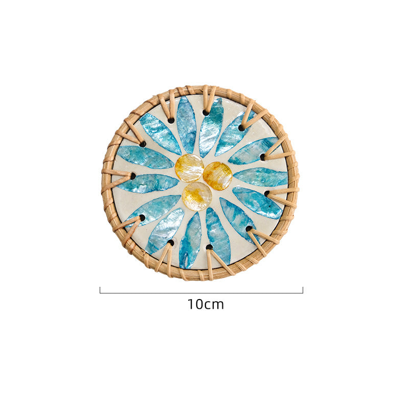 4 Pcs Beige Background With Blue flower Handcrafted Rattan Coaster with Natural Shell Inlay - Decorative &amp; Heat Insulating Drink Mat