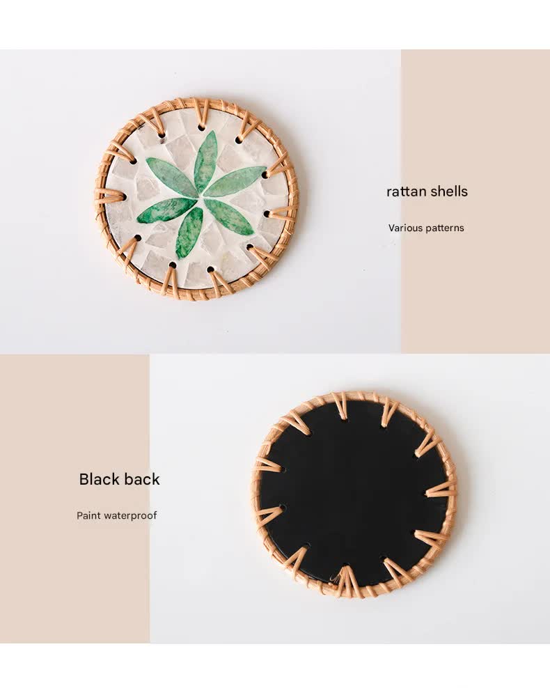 4 Pcs Beige Background With Blue flower Handcrafted Rattan Coaster with Natural Shell Inlay - Decorative & Heat Insulating Drink Mat