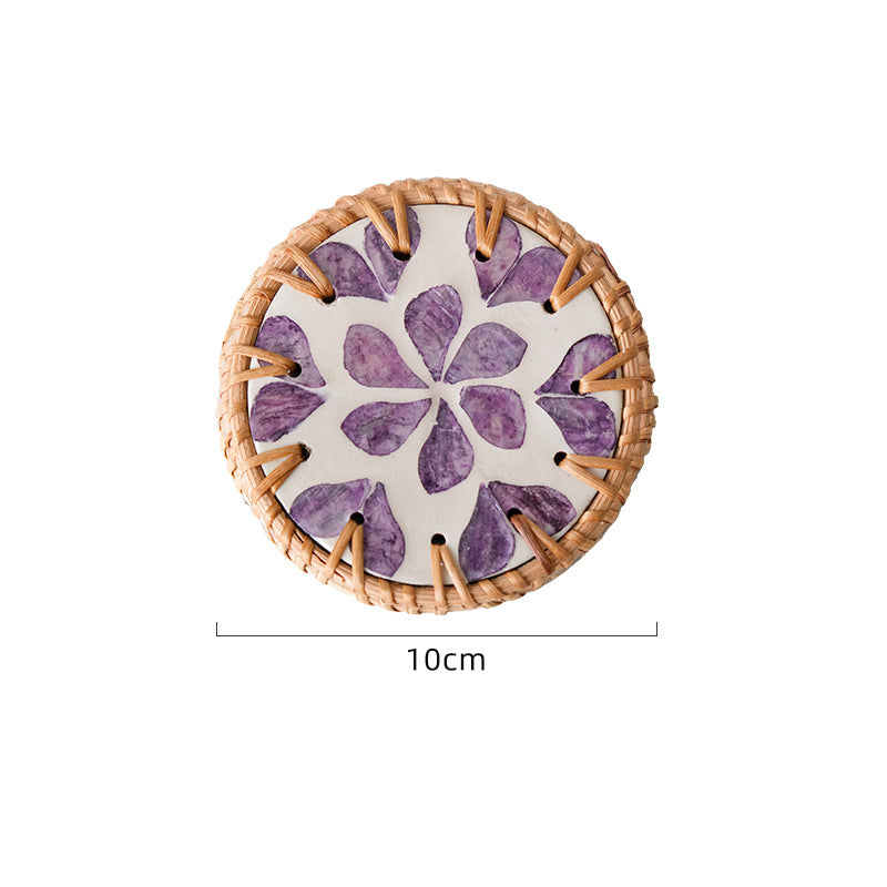4 Pcs Beige Background With Purple flower Handcrafted Rattan Coaster with Natural Shell Inlay - Decorative &amp; Heat Insulating Drink Mat