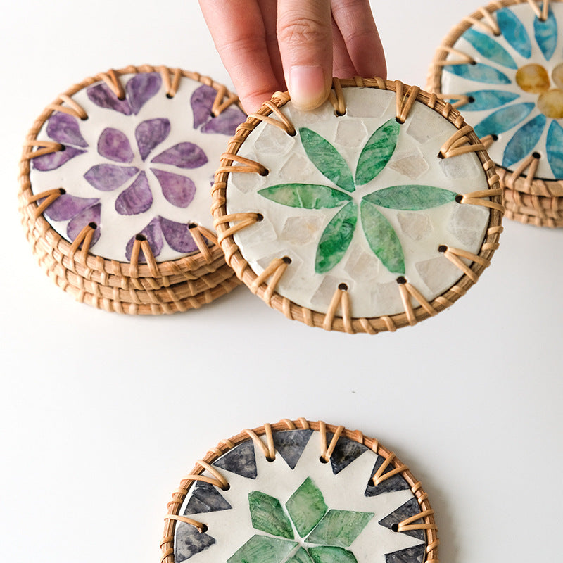 4 Pcs Beige Background With Purple flower Handcrafted Rattan Coaster with Natural Shell Inlay - Decorative & Heat Insulating Drink Mat