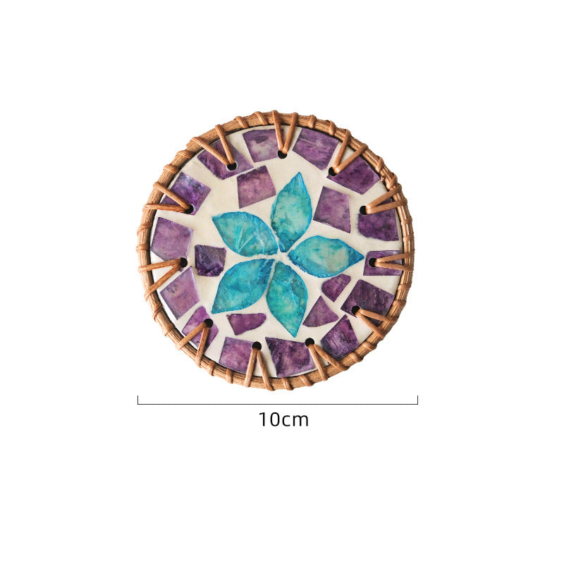 4 Pcs Beige Background With Blue and Purple flower Handcrafted Rattan Coaster with Natural Shell Inlay - Decorative &amp; Heat Insulating Drink Mat