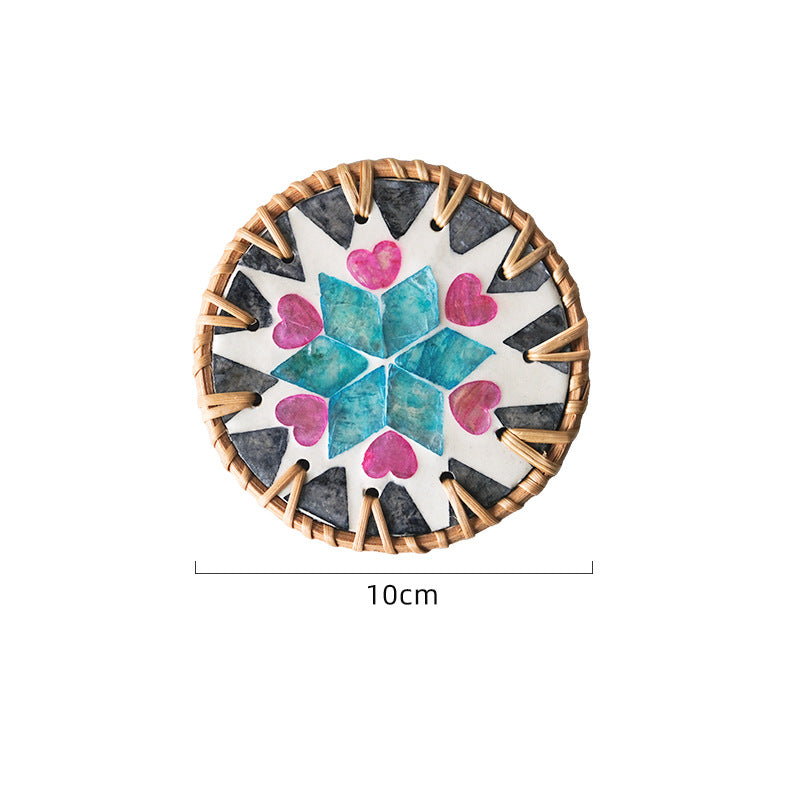 4 Pcs Beige Background With Blue and Pink flower Handcrafted Rattan Coaster with Natural Shell Inlay - Decorative &amp; Heat Insulating Drink Mat