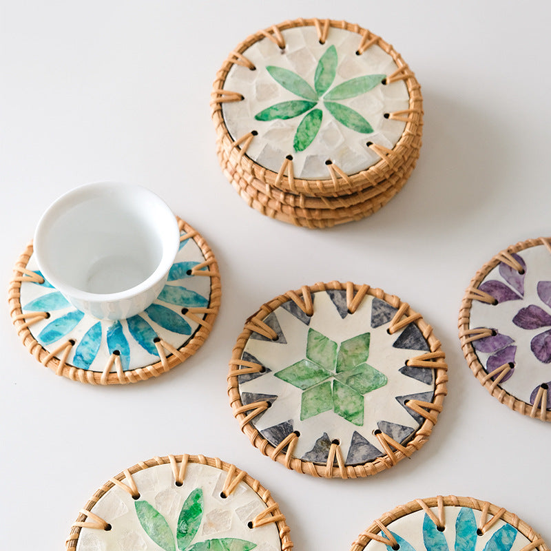 4 Pcs Beige Background With Blue and Pink flower Handcrafted Rattan Coaster with Natural Shell Inlay - Decorative & Heat Insulating Drink Mat
