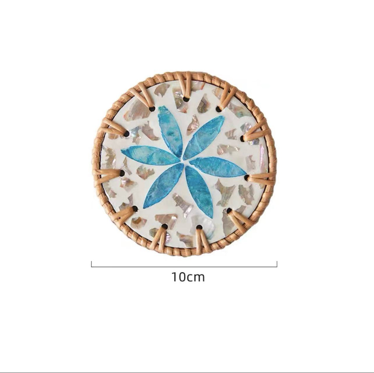 4 Pcs Khaki Background With Blue flower Handcrafted Rattan Coaster with Natural Shell Inlay - Decorative &amp; Heat Insulating Drink Mat