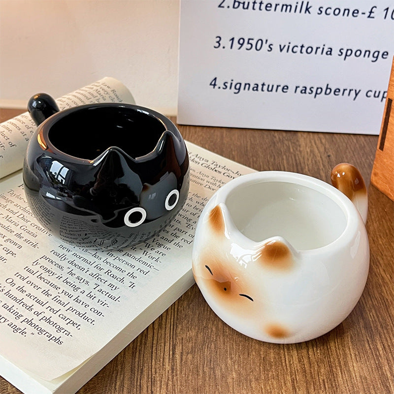 White And Brown Adorable Ceramic Cat Mug - Cute Creative Coffee Cup with Tail Handle (210ml)