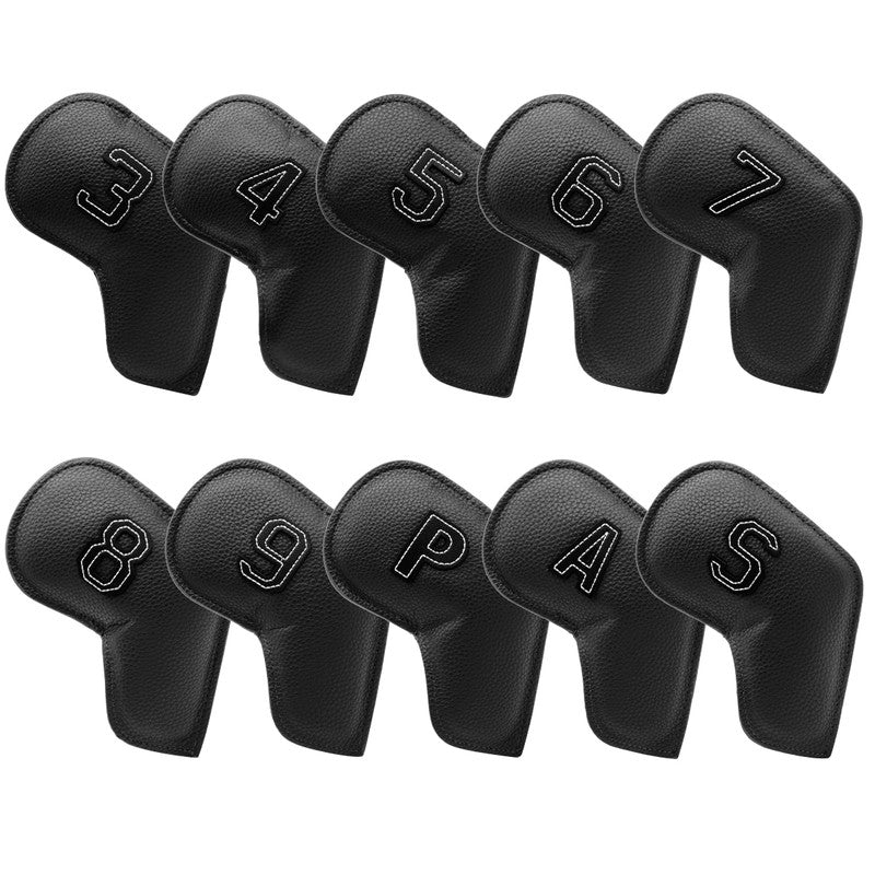 Black Golf Iron Head Covers Set of 10 - Waterproof PU Leather Club Protectors with Embroidered Numbers (3-9, P, A, S)
