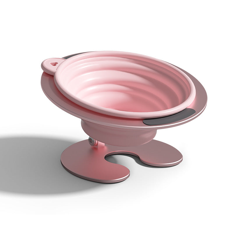 Pink Foldable Elevated Pet Bowl Set - Tilted Ergonomic Cat Feeder with Aluminum Stand &amp; Silicone Bowl