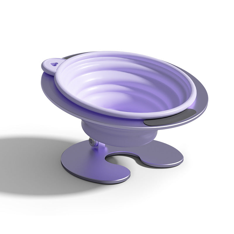 Purple Foldable Elevated Pet Bowl Set - Tilted Ergonomic Cat Feeder with Aluminum Stand &amp; Silicone Bowl