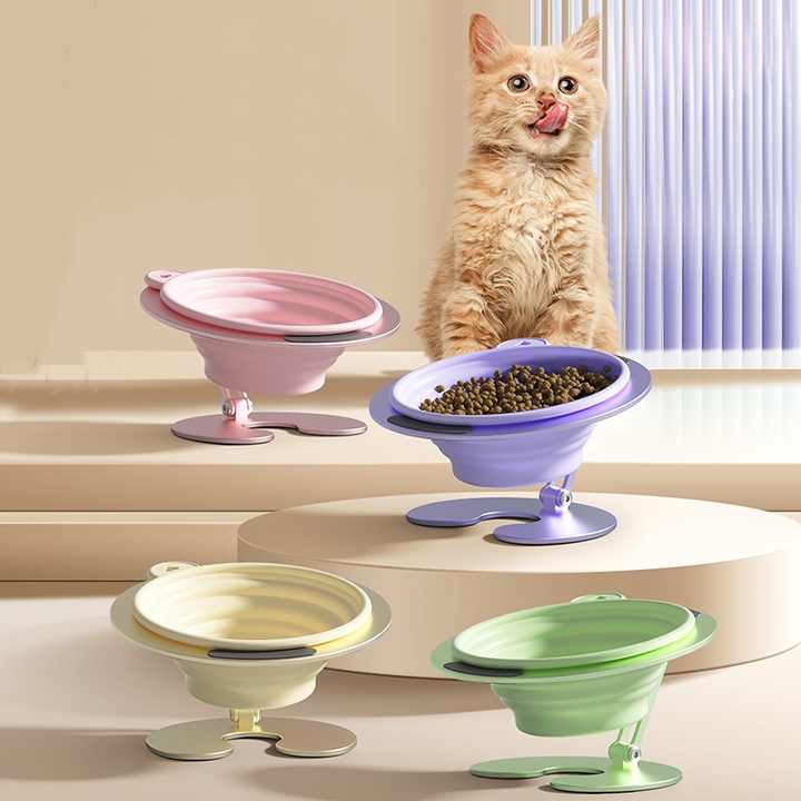 Purple Foldable Elevated Pet Bowl Set - Tilted Ergonomic Cat Feeder with Aluminum Stand & Silicone Bowl
