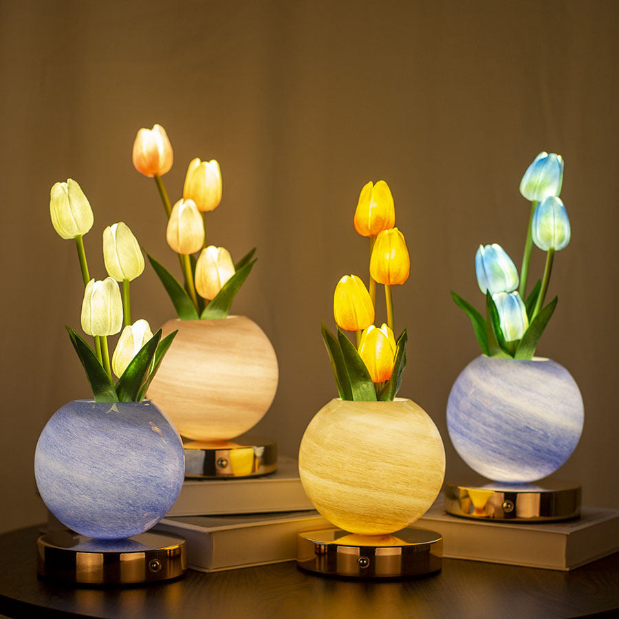 Pink Tulip Night Light with Realistic Bouquet - Dreamy Planet LED Mood Lamp for Bedroom Decor with 3-Color Touch Dimming