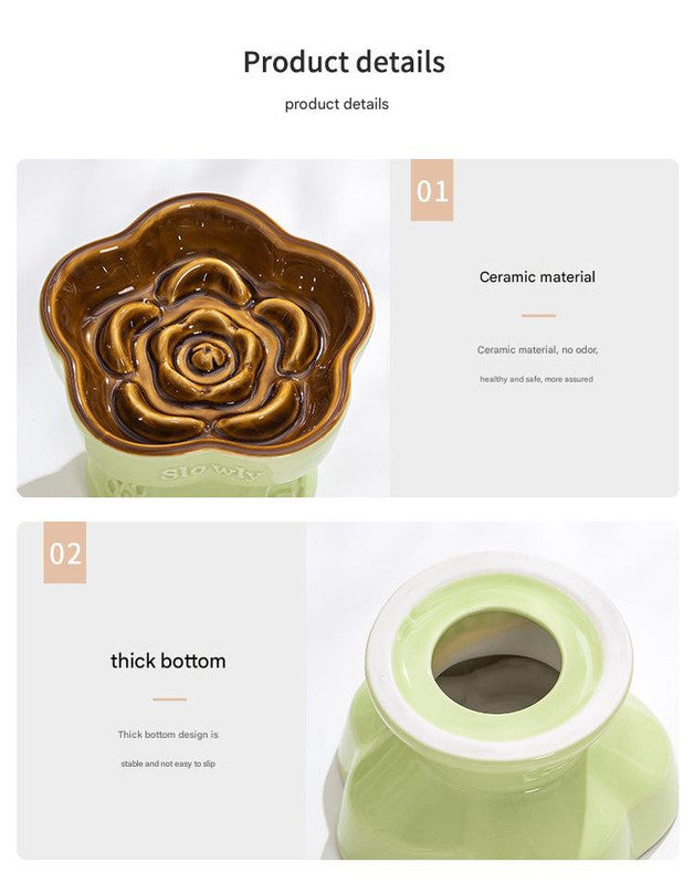 Green and Brown Ceramic Slow Feeder Pet Bowl for Cats and Small Dogs - Anti-Choke Elevated Design with 15-Degree Tilted Rim