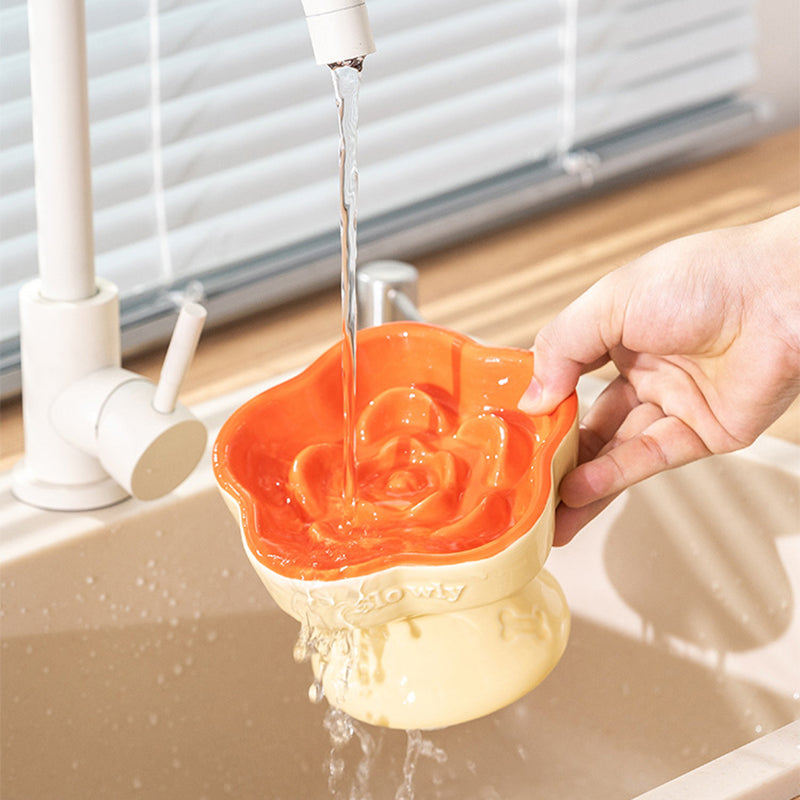 Blue and Pink Ceramic Slow Feeder Pet Bowl for Cats and Small Dogs - Anti-Choke Elevated Design with 15-Degree Tilted Rim