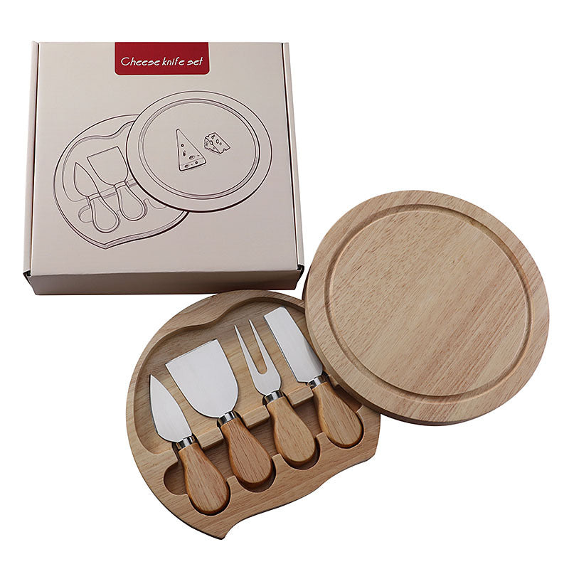 Brown And Silver Compact Round Rubberwood Cheese Board Set | 4 Stainless Steel Knives &amp; Tools