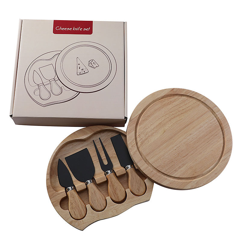 Brown And Black Compact Round Rubberwood Cheese Board Set | 4 Stainless Steel Knives &amp; Tools