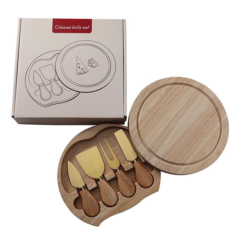 Brown And Gold Compact Round Rubberwood Cheese Board Set | 4 Stainless Steel Knives &amp; Tools