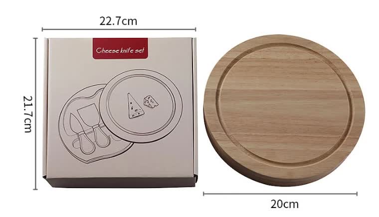 Brown And Gold Compact Round Rubberwood Cheese Board Set | 4 Stainless Steel Knives & Tools