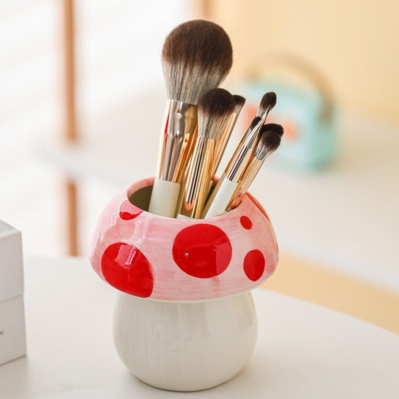 Red And White Adorable Ceramic Mushroom Desk Organizer - Cute Pen & Makeup Brush Holder