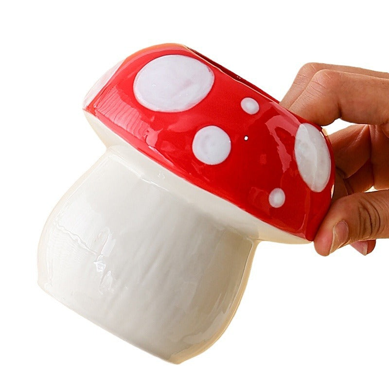 Red And White Adorable Ceramic Mushroom Desk Organizer - Cute Pen & Makeup Brush Holder